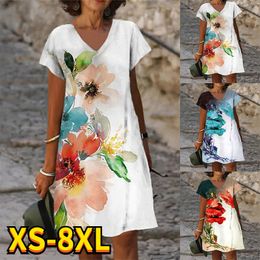 Verão Elegante Tema Floral tem tema de pintura impressa vestidos de joelho V Vestido casual solto de pescoço PLUSTENHO DESIGN 220521