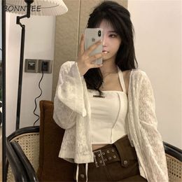 Blouses Women Solid Tops Sun-proof All-match Daily Sweet Mesh Open Stitch Cosy Crop Quality Soft Lace Mujer Design Streetwear 220727