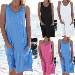 Women Dress 4XL 5XL O-Neck Solid Colour Pockets Splice Casual Dress Summer Sleeveless Midi Dress Plus Size Lady Vestidos 210326