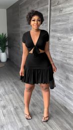 Work Dresses Felyn 2022 Ins Internet Celebrity Famous 2 Pcs Dress Women Set Summer Solid Tshirt And Skirt V-neck Ruffles Sexy PartyWork