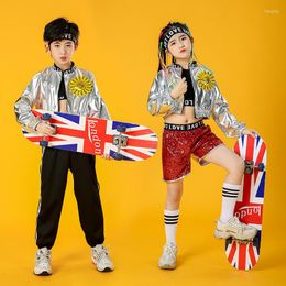 Stage Wear Children Performance Clothes Boys Hip-hop Set Girl Silver Colour Jazz Dance Costume Catwalk Cool Rave OutfitsStage