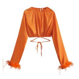 Orange Blouses Long Sleeves With Feather Y2k Clothes Chic Lady T shirt Waist Ties Top Women Tops Sexy Sleeve T shirts Party 220728