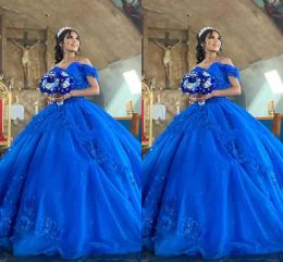 Royal Blue Plus Size Ball Gown Prom Sweet 16 Dresses Quinceanera Dress Handmade Flowers Off Shoulder Floral Applique Beads Formal Evening Gowns