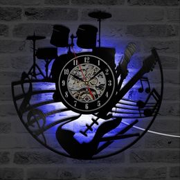 Wall Clocks Acoustic Guitar Clock Musical Instrument Record With 7 Colour Luminous LED Change Home Decor Birthday GiftsWall ClocksWall