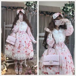 Casual Dresses Kawaii Strawberry Desserts Print Women's Lolita Lace Bows Princess OP Dress Autumn Doll Collar Long Sleeve Party Fancy