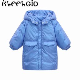 New Children Down Proof Warm Blue Medium Length Casual Simple Hooded Children Windproof Jacket 3-8 Year Old Children J220718