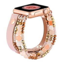 Jewellery Bracelet Leather Strap For Apple Watch 41mm 45mm 44mm 42mm 40mm 38mm Bands Women Adjustable Agate Wristband iwatch 7 6 5 4 3 Se Series Watchband Accessories