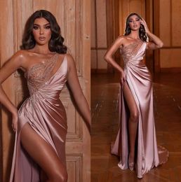 Sexy High Split Prom Dresses Illusion Top One Shoulder Beads Sequins Satin Long Evening Formal Party Gowns Vestidos de fiesta Celebrity wears BC11982