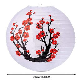 Red Cherry Flowers Lantern White Round Chinese Japanese Paper Lamp for Home Wedding Party Decoration Y5JC 220611