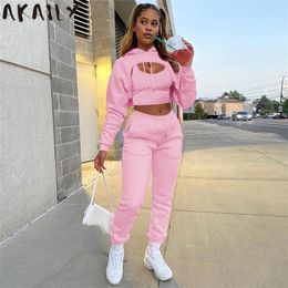 Akaily Autumn Fleece Pink 3 Three Piece Sets Tracksuit Women Outfits Sweatsuits Long Sleeve Hoodies Crop Top And Pants Sets Suit 220716