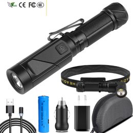 New 2 in 1 Super Bright Led Headlight USB Rechargeable The Brightest Flashlight Torch High Quality Aluminium Waterproof Lantern 10W