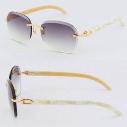 New Metal Rimless Original White Genuine Natural Buffalo Horn Sunglasses Unisex Good Quality Glasses Outdoors Driving glasses Diamond cut Lens 18K Gold Frames