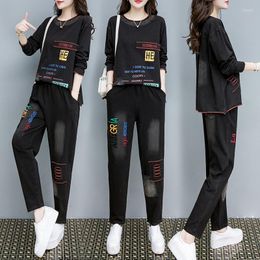 Women's Tracksuits 2022 Spring Fashion Plus Size Loose Letters Embroidered Tops Pants Suits Female Vintage Large Two-piece Sets