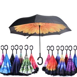 Inverted Fashion Sunny Rainy Umbrella Reverse Folding Windproof Umbrellas with C Handle Double Layer