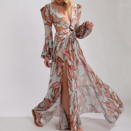 Casual Dresses Sexy Long Beach Dress Hollow Out Boho Deep V Neck Women 2022 Spring Red Flower Print Ruffle Party Sleeve Maxi