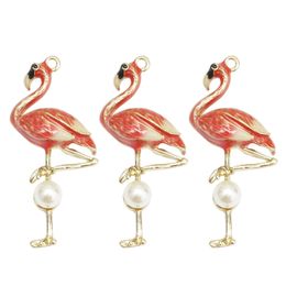 10pcs Enamel Pearl Flamingo Charms DIY Handmade Pink Bird Pendants Bracelet Necklace Earring Pendants Jewelry Accessory