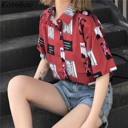 2019 New Korean Button Cartoon Print Women Blouse Fashion Summer Shirts Short Sleeve Loose Casual Vintage Female Blusas T200321