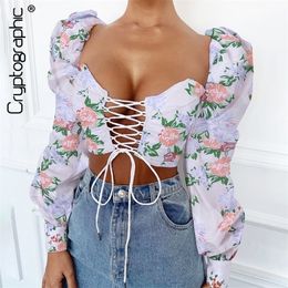 Cryptographic Female Shirts And Blouses Slash Neck Lantern Sleeve Lace up Crop Tops Backless Fashion Slim Print Shirts New T200322