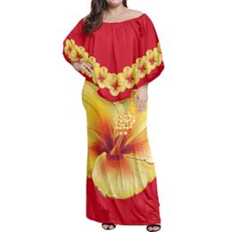 Noisydesigns Flower Red Luxury Women Sexy Off Shoulder Ruffles Bodycon Long Dress Hawaii Plumeria Elegant Vestido Size 4XL 220627