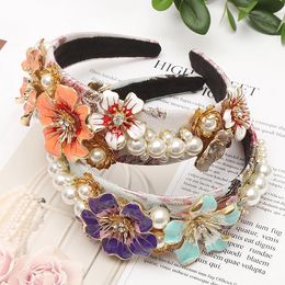 Boho Baroque Big Alloy Pink Flower Hairband Crystal And Pearl Crown Headband Rhinestone Headdress For Women Wedding Hair Jewellery