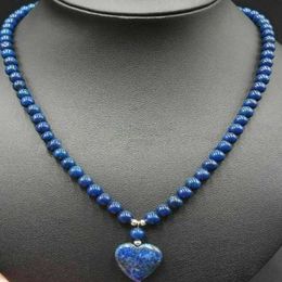 Long Blue Lapis Lazuli Gemstone Beads Heart Pendant Necklace