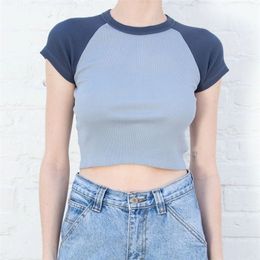 Fashion Patchwork Crop Top Women Summer Streetwear Short Sleeve Sexy Slim Tshirt Tops Woman Simple Casual Cotton T Shirt 220402