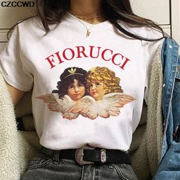 Милая корейская футболка для малышей с изображением ангела, футболки, женская одежда больших размеров Fiorucci с буквенным принтом, забавные свободные топы в стиле Харадзюку с круглым вырезом