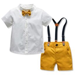 Clothing Sets Boy Child Shirt Solid Yellow Shorts Summer Boys Kids Set With Suspender Bow Handsome Outfit Cotton Short SleeveClothing