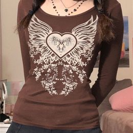 Vintage Graphic Print Y2K Tshirts Streetwear Retro Aesthetic Fairycore Kawaii Tops Tee Autumn Cotton Brown Clothes Cuteandpsycho 220408