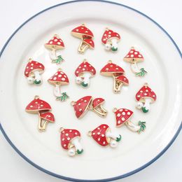 18PCs Cartoon Red Enamel Mushroom Charms Zinc Alloy Enamelled Mushrooms With Imitation Pearl Pendants Gold Colour Jewellery Finding