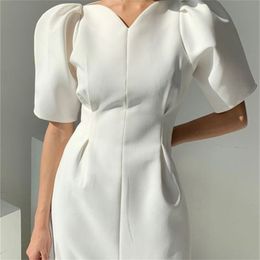 Elegant Women Short Puff Sleeve Summer Dress Korea Style Office Lady One Pieces Slim Waist Female Fashion Clothes Vestdios 220613