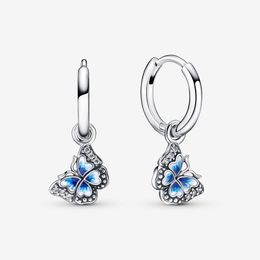 Rose Gold Plated 100% 925 Sterling Silver Blue Butterfly Hoop Earrings Fashion European Earring Wedding Egagement Jewelry Accessories