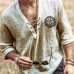 Plus Size Mens Tee Shirt Solid Tops Pullover V Neck Laceup Loose Top Summer Holiday Beach Casual Half Sleeve Tops Linen Top 220608