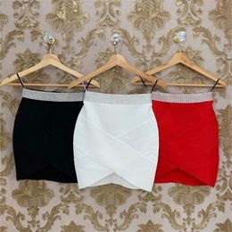 High Quality Red Black White Gold Silver Waist Rayon Mini Bandage Skirt Night Club Party Skirt 210306