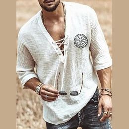 Men's Casual Shirts Renaissance Viking Mediaeval Cosplay Halloween Costume Men Shirt V Neck Lace Up Vintage Half Sleeve Linen Blouse Top