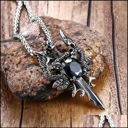 Pendant Necklaces Pendants Jewellery Retro Ethnic Style Double Dragon Hanging Sword Sier Colour Metal Men Dhd9P