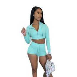 Wholesale Women Tracksuits Summer Clothes Jogging Suit Solid Outfits Long Sleeve Hooded Jacket Shorts Two Piece Set 2XL Casual Suits 7294