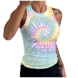 Fashion-JAYCOSIN Streetwear Tight T-shirt Women New Sleeveless Tie-dye Light Colour Printing Ladies T Shirt Cool Round Neck Tee Tops