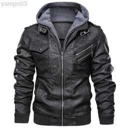 New Winter Men Motorcycle Jacket Pu Leather Casual Hooded Jackets Fashion Zipper Hoodies Jacket Men Leather Clothing L220801