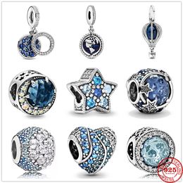 925 Silver Charm Beads Dangle New Sparkling Blue Disc Double Balloon Dangle Pendant Bead Fit Pandora Charms Bracelet DIY Jewellery Accessories