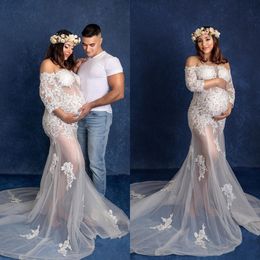 Bridal White Prom Dresses Lace Applique Mermaid Maternity Dress See Thru Evening Gowns Long Sleeve Photoshooting Robes