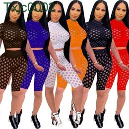 Women 2 Piece Pants Sets Designers Clothes 2022 Sexy Perspective Mesh Tracksuits Ladies Short Sleeve Leggings Outfits