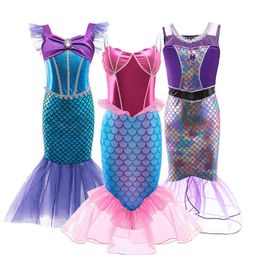 Girls Mermaid Princess Dresses Birthday Party Halloween Cosplay Costumes Set w/ Wig and Light-up headband 