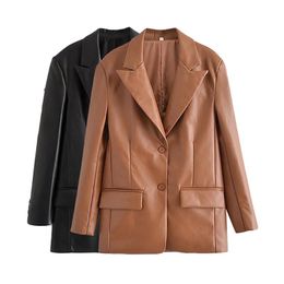 Women's Suits & Blazers Women's Office Suit Fashion Single Breasted Faux Leather Blazer Coat Vintage Long Sleeve Flap Pockets Female Out