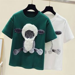 Korean Summer Women Sweet Cotton T-Shirt Fashion Embroidery Cartoon Applique Tee Female O Neck Loose Casual Girls Oversize Tees 220408