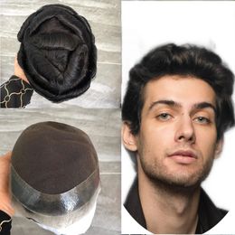 Human Hair French Lace with PU Men's Toupee AU Base Breathable Man Hairpieces Replacement System For Men Summer Black #1B Color 8x10inch Capillary Prosthesis