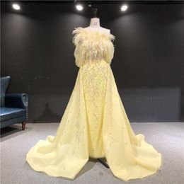 Party Dresses Labourjoisie 100%Real Pictures Yellow Heavy Beads With Feathers Strapless A-line Formal Prom Dance Bridal Evening DressesParty