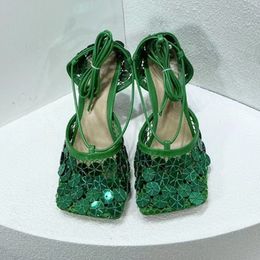 Nuovi sandali con punta quadrata in cristallo di diamante da donna con scarpe incrociate in pelle con design a rete e tacchi alti Weman air35-41size