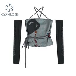 Fashion Crop Top's Y2K Punk Style Summer Sexy Cross Bandage T Shirts Gothic Streetwear Slim Club Clothes Top Female 220407