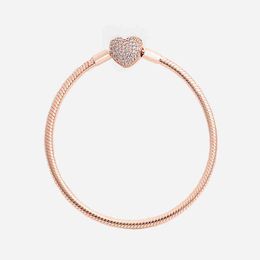 rose gold snake chain bracelet UK - Luxury Designerluxury Fashion k Rose Gold Cz Diamond Heart Bracelets Original Box for Pandora Silver Smooth Snake Chain Bracelet